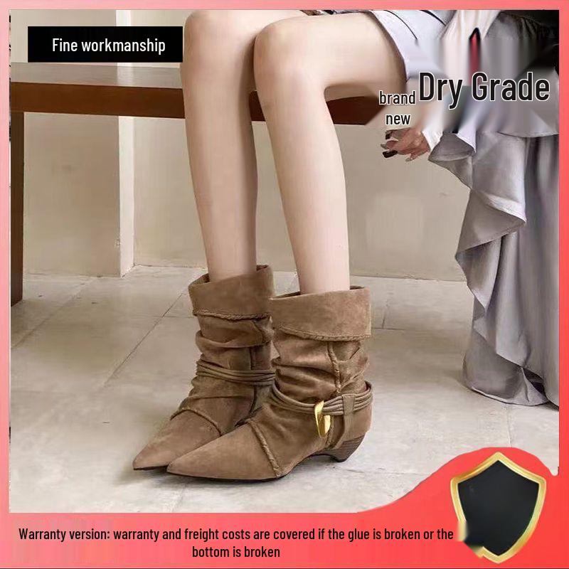 Women's 2025 Retro Suede Kitten Heel Ankle Boots: Pointed, Ruched, Tie Stacked, Versatile Fashion