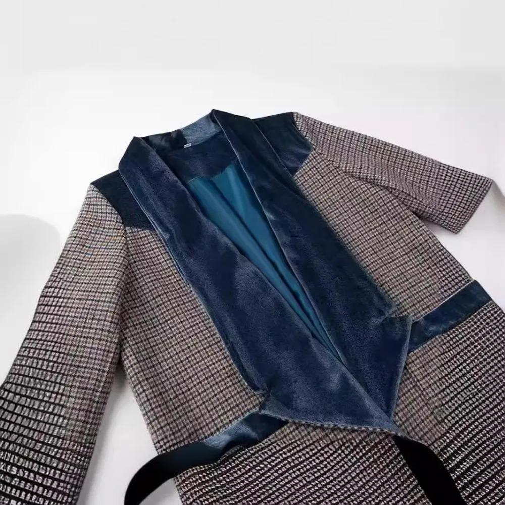 Plus Size Women's Clothing Autumn and Winter Woolen Coat Long Coat with Blue Velvet Stitching on The Shoulders and Collar Coat