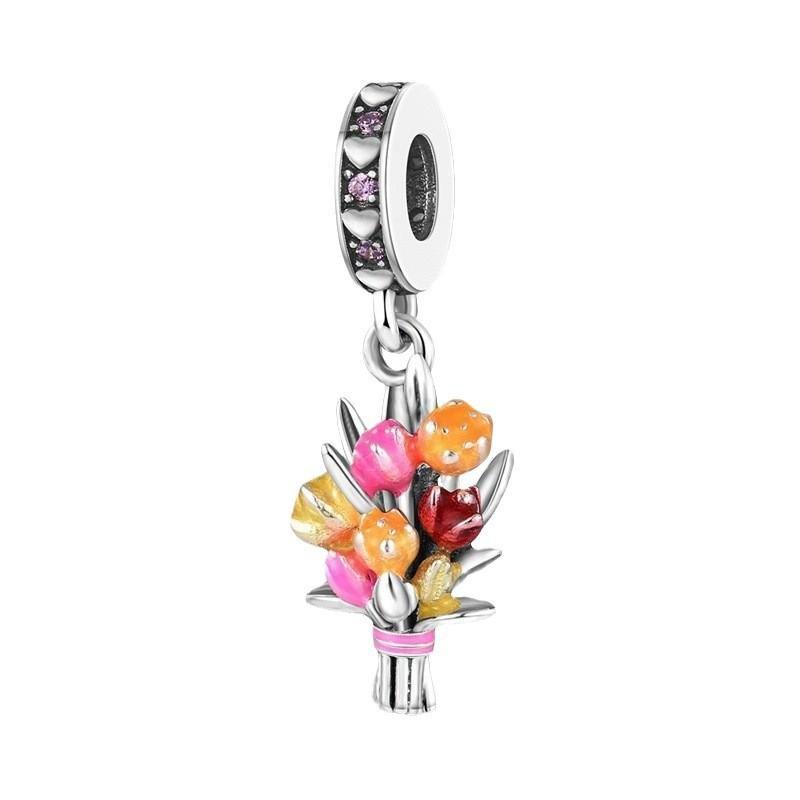 S925 Silver Flower Beaded Pendant Charm Jewelry Accessories for Bracelet Necklace DIY Craft Supplies