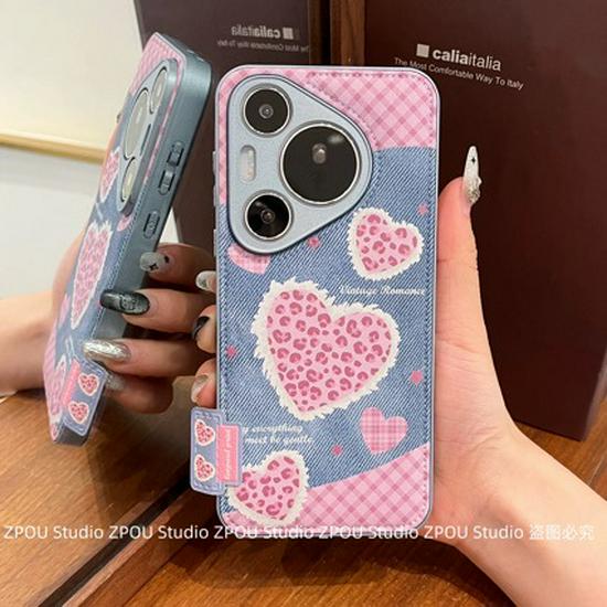 Leopard Heart Leather Denim Texture Phone Case for iPhone 16/15/11 - Compatible with iPhone 17 Pro Max