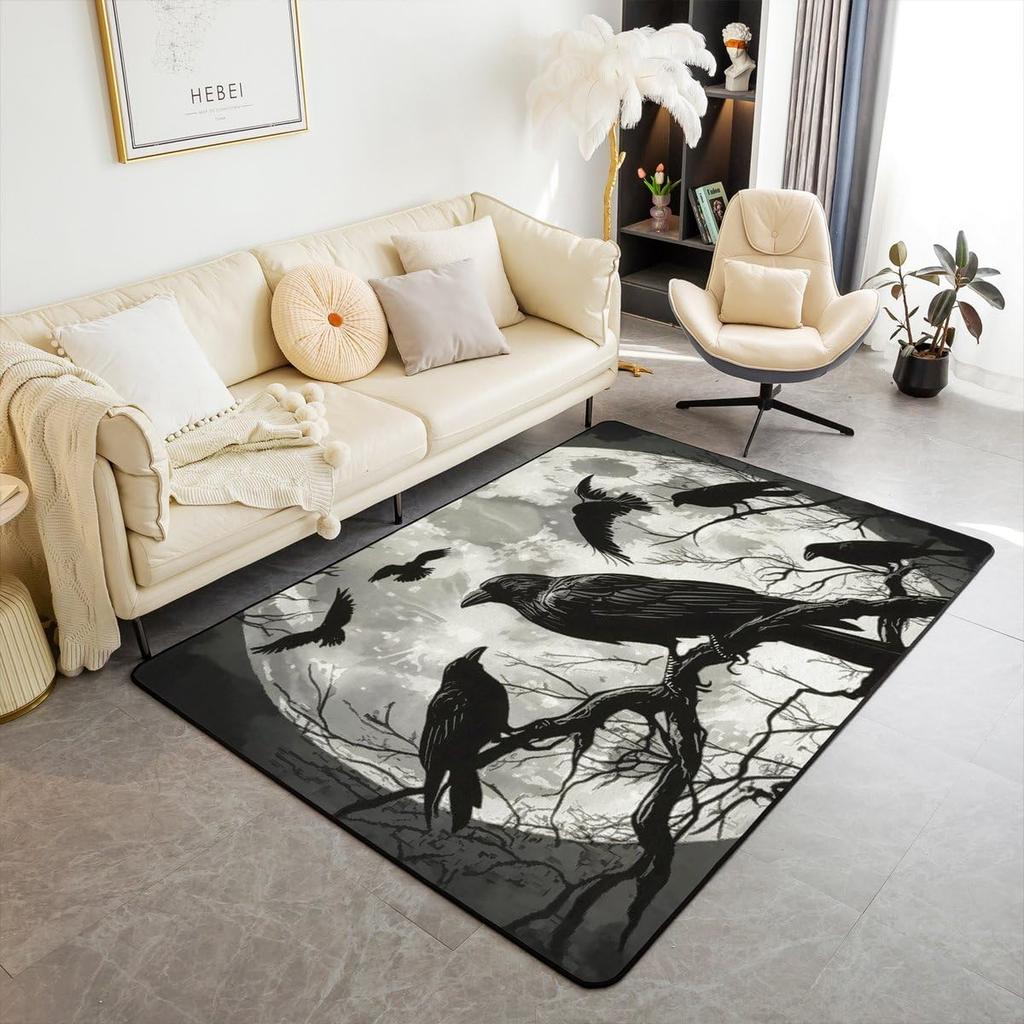 Black Crow Living Room Rugs Halloween Decoration Decorative Carpet for Kids Teens Adult Sugar Skull Skeleton Bones Area Rug