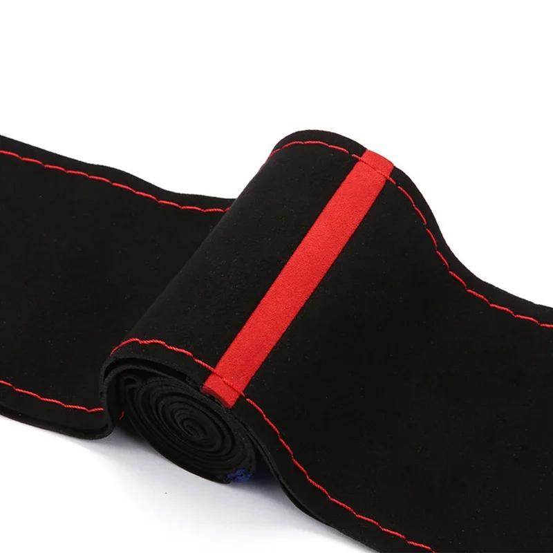 Schwarz Wildleder Rote Markierung Flechtung auf Lenkrad Auto Lenkradbezug Universaldurchmesser 15 Zoll/38cm Auto Autozubehör