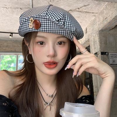 Trendy Y2K Retro Turn-Up Brim Button Plaid Cloud Cap Women Spring Black And White Plaid Beret Octagonal Hat Literary Painter Hat