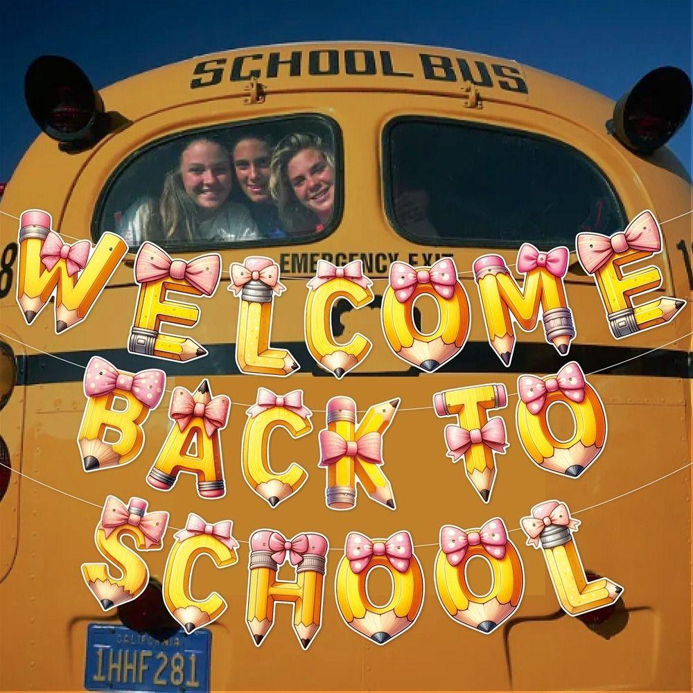 Cartoon Welcome Back To School Banner Pencil Background Hanging Flag Classroom Kindergarten