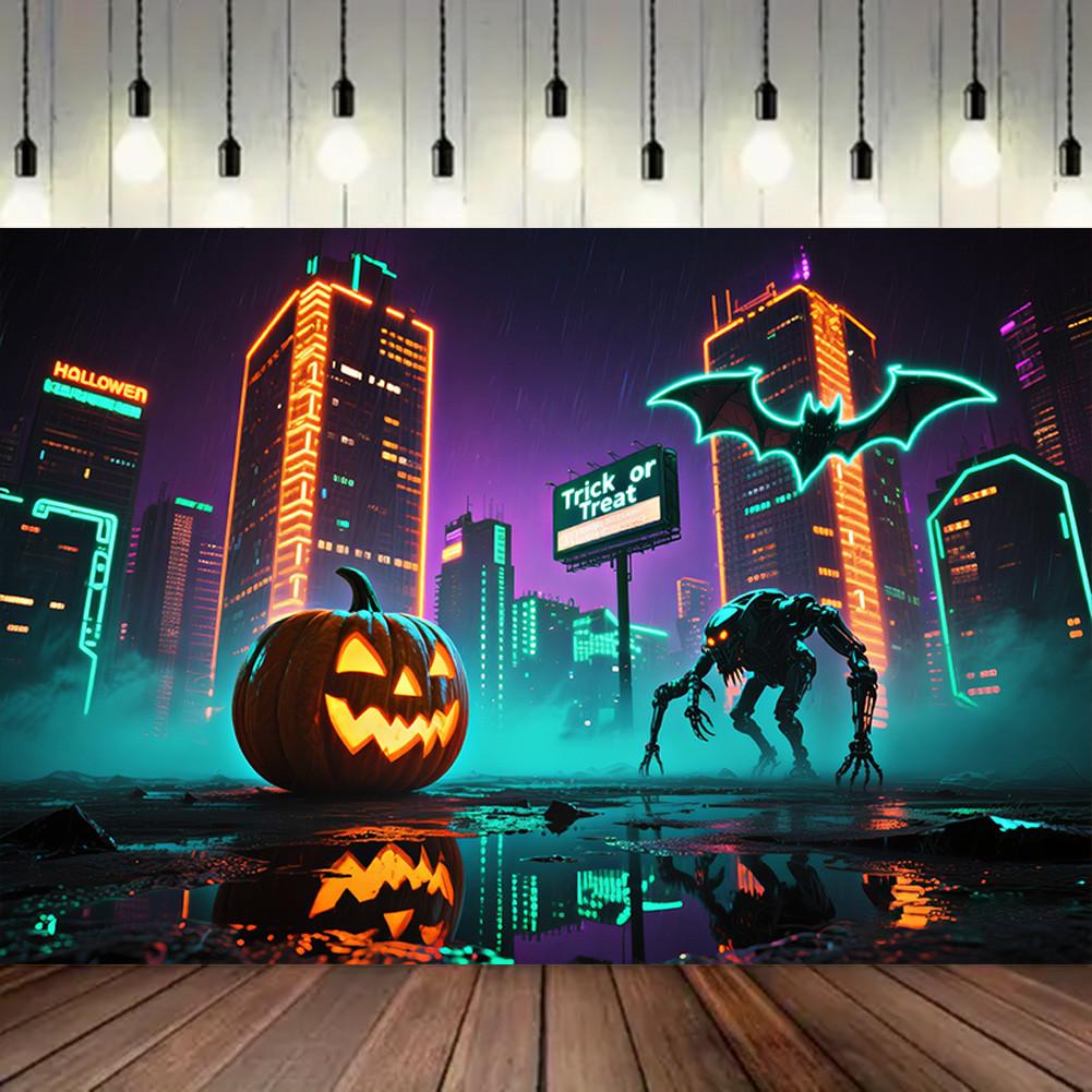 Sci-fi Style-Jack-o'-lantern,Bats,Ghost Design-Halloween Backdrop Banner for Photo Booth,Indoor/Outdoor,Event Party,Holiday