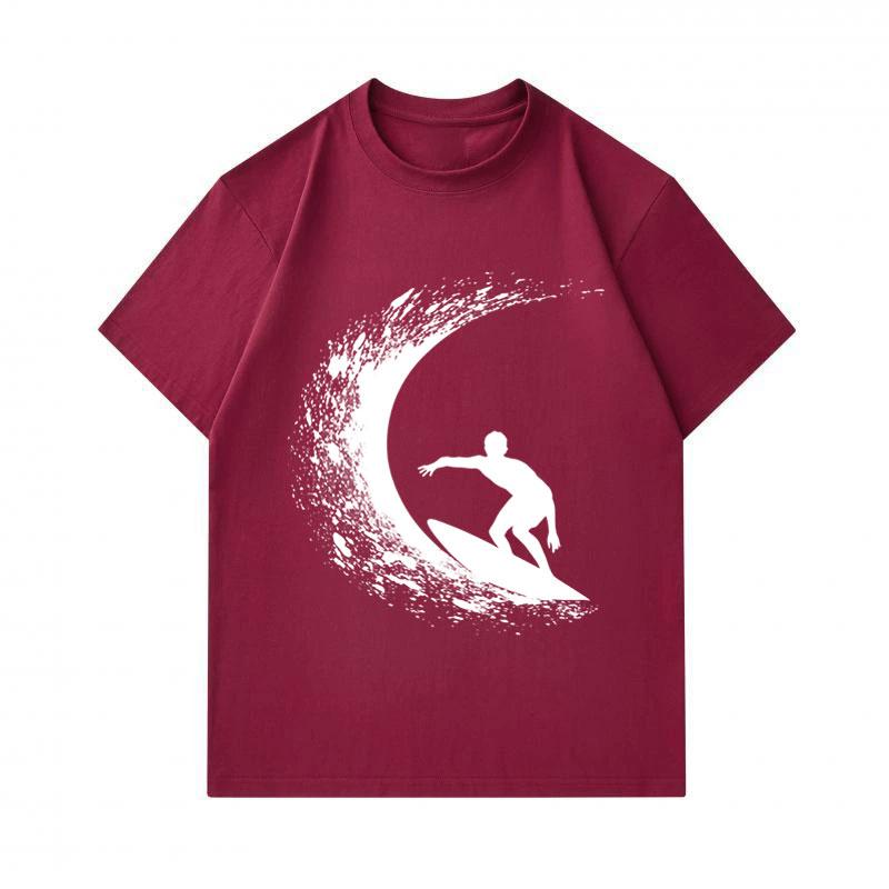 Men's 100% Cotton Crew Neck Short Sleeve T-Shirt, Cool Surfer Curl Wave Silhouette Print Casual Summer Breathable Tee Top For Daily Wear