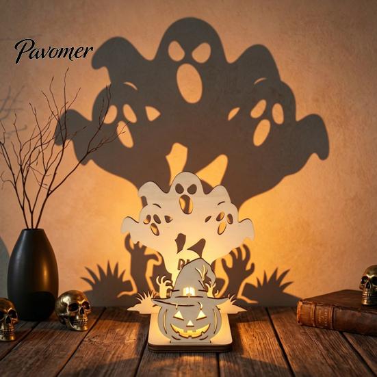 Rustic Log Art Sculpture Halloween Candle Holder, Spooky Pumpkin Bat Shadow Tealight Atmosphere Tabletop Light Vintage Wooden Candlestick Ornament for
