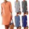 Large Size Women's Cotton Linen Solid Color Long Sleeve Round Neck Dress