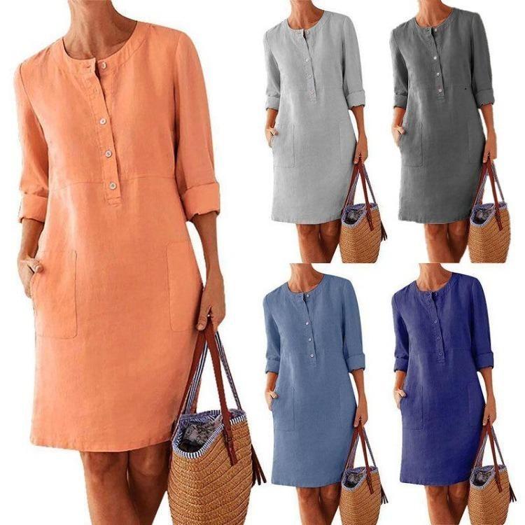 Large Size Women's Cotton Linen Solid Color Long Sleeve Round Neck Dress