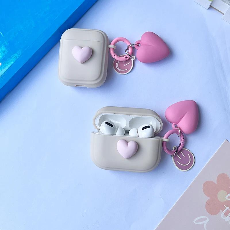 Cute 3D Heart Love Silicone Earphone Accessories Case For Airpods 4 3rd For Airpods Pro 2 1 Cover Creative Smile Ornament Keyri