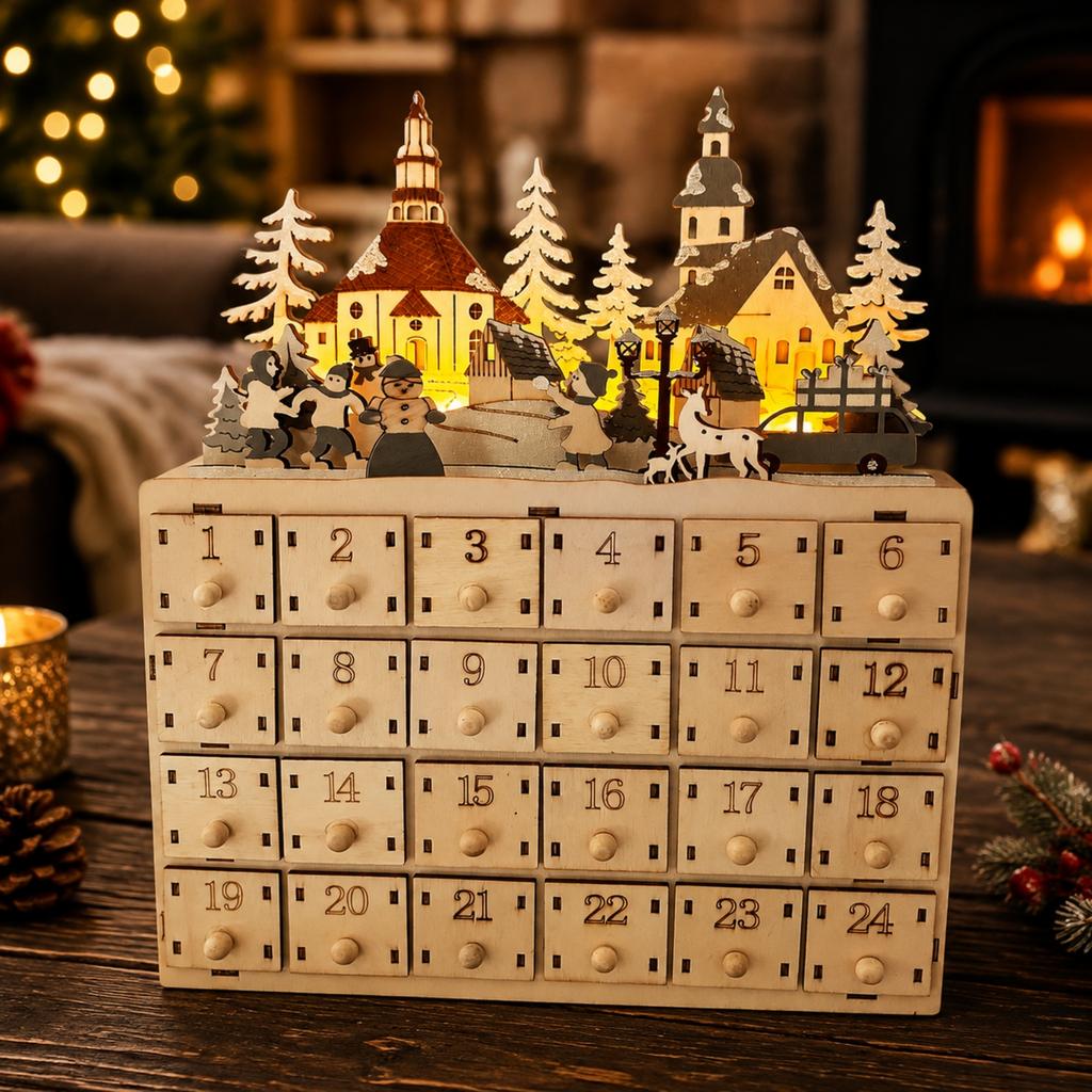 Fillable Wooden Christmas Advent Calendar with Drawers – Reusable Xmas Countdown Decor for Tabletop & Mantel