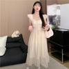 French sweet first love Xiaofei sleeve summer dress new waist thin knee long dress temperament beige