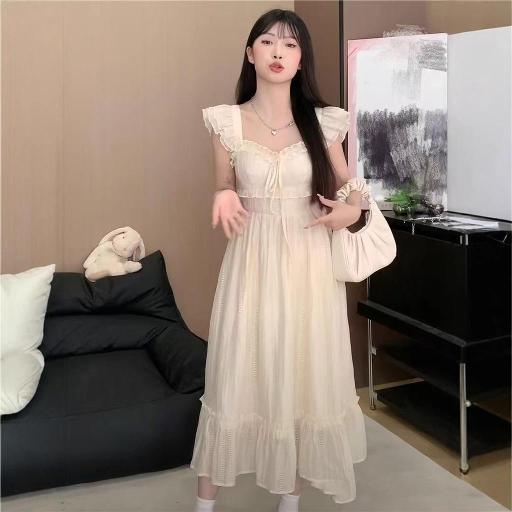 French sweet first love Xiaofei sleeve summer dress new waist thin knee long dress temperament beige