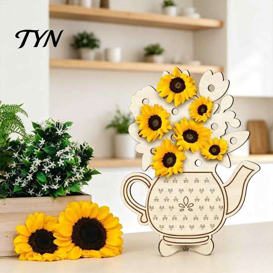 Hand Painted Wood Art Wooden Teapot Shape Flower Holder, Natural Floral Display Stand, DIY Handmade Craft Blank Vase Decor for Artificial Arrangement,