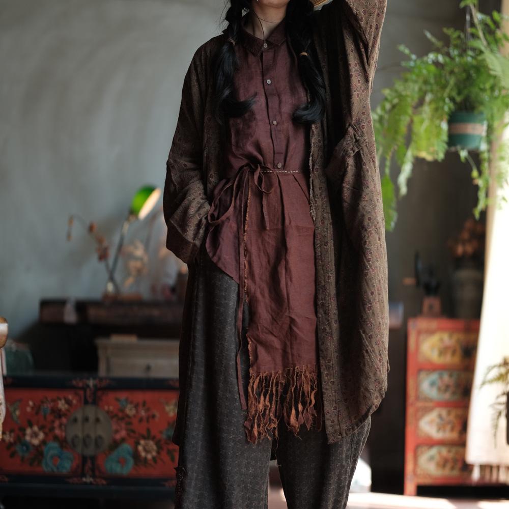 Johnature Women Vintage Print Floral Trench Coats Patchwork Pockets Autumn Chinese Style Cotton Women Long Trench