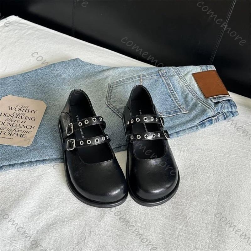 Fashion Comemore 2025 New Retro Mary Jane Flat Shoes for Women Round Toe Double Buckle Strap Flats Casual Solild Soft Leather Loafers