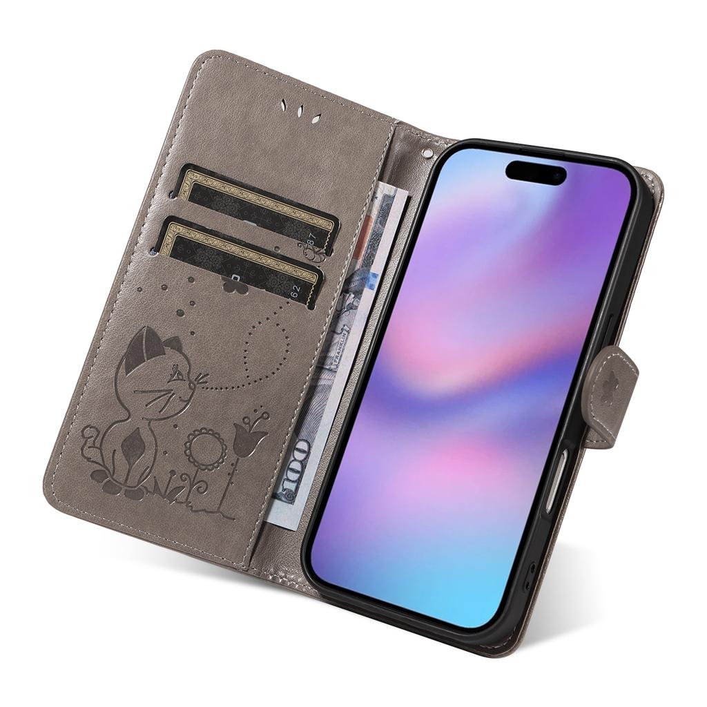 For iPhone 17 Leather Wallet Case Cat Bee Pattern Phone Cover Stand