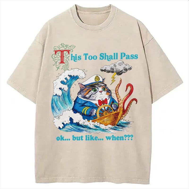 

Cartoon Sailing Cat Printed T-shirts Unisex Young Boy Funny Short Sleeve O-neck Chic Hip hop Y2K Tees Oversized Tops S