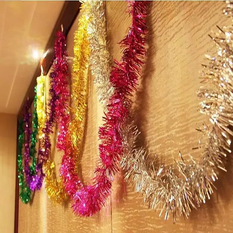 2M Christmas Tinsel Ribbon Garland Gold Silver Color Decorative Tinsel Strips Home Wedding Birthday Party Wall Door Decor