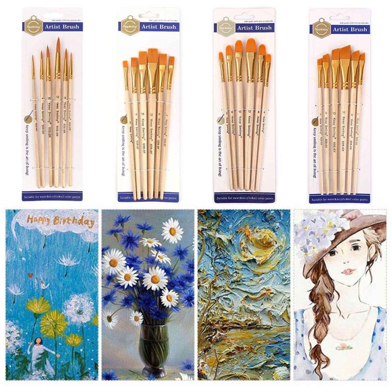 6 Pack Nylon Hair Art Paint Brushes Different Sizes Tips for Acrylic Oil Watercolor Face Rock Painting Art Students Gift
