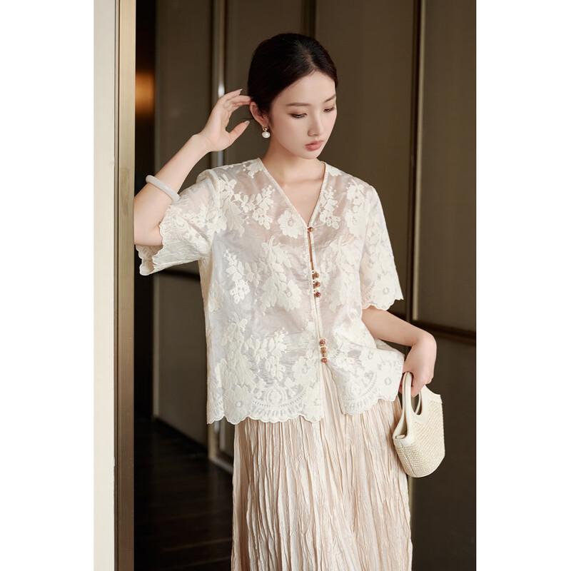 JK&JS New Chinese Style Tencel Embroidered V-Neck Short Sleeve Blouse S