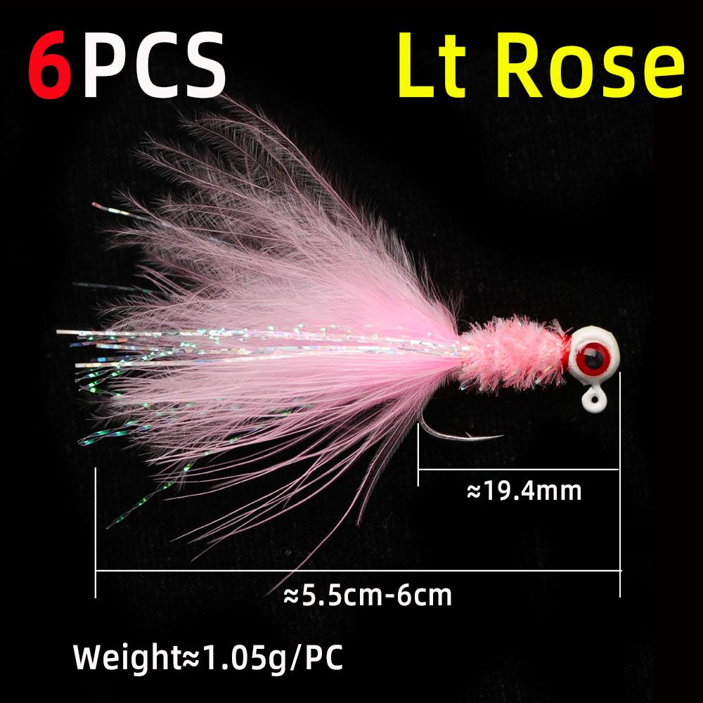 6 STÜCKE 6 Farben Marabou Crappie Jigkopf Haken Eisfischen Panfish Sonnenfisch Forelle Walleye Angelköder Haken