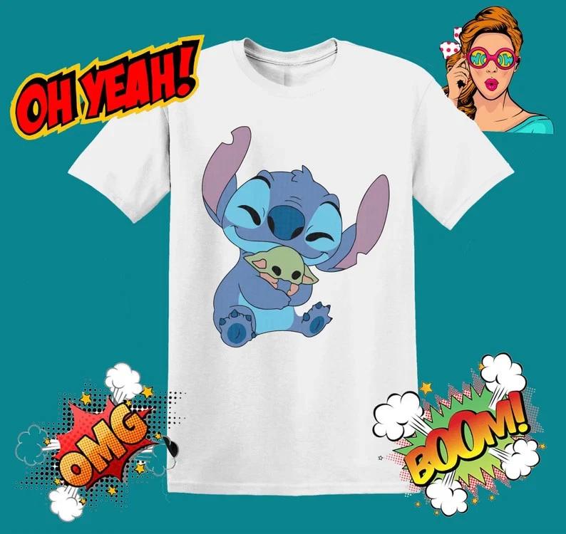 Funny Stitch Hugging Baby Yoda Tshirt Unisex S