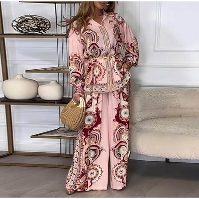 Women's Fashion Graffiti Print Lapel Shirt Trousers Two-piece Suit Summer Retro High Street Lady Elegant Suit