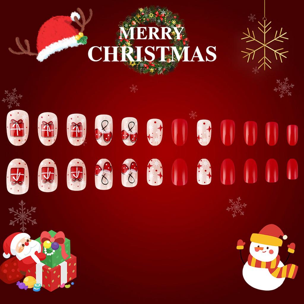 24Pcs Christmas Press On Nails Short Almond French Tips Stick On Nails Gloves Designs Full Cover Acrylic False Nails