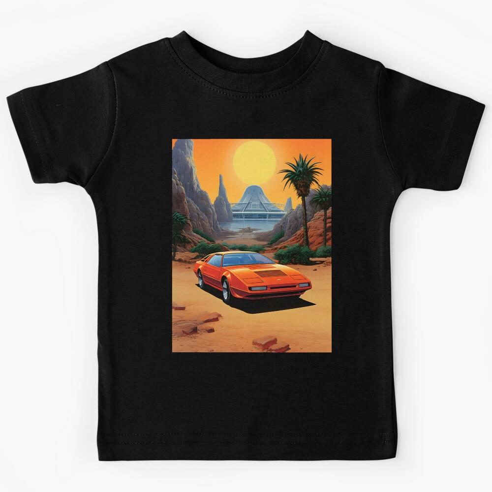 Red Color Retro Futuristic Sports Car and Desert Landscape with Palms at Evening Sunset Sky Kids T-Shirt 160