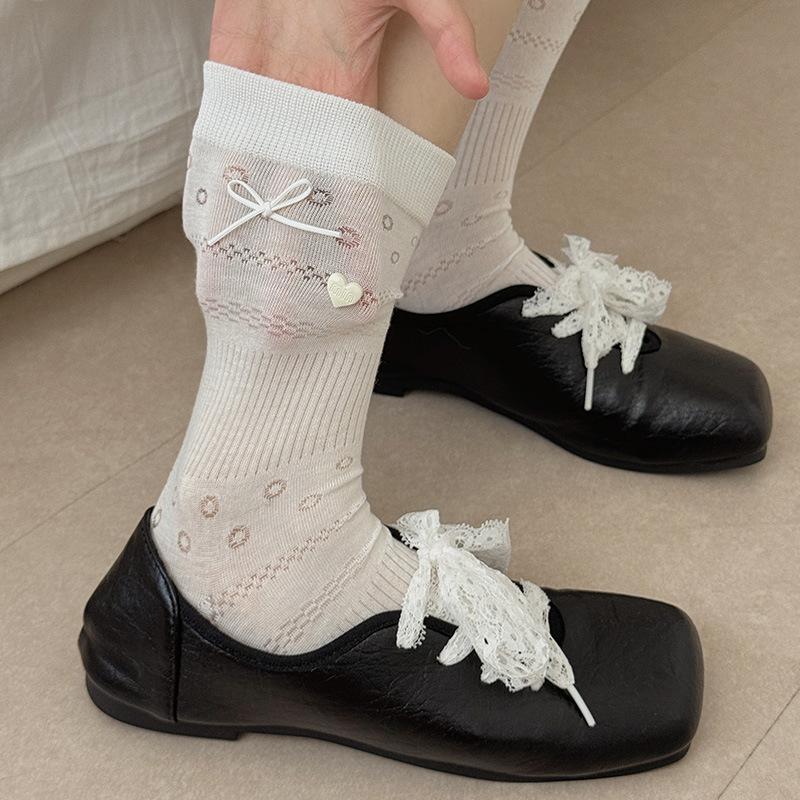 Grayish-white Socks, Women's Bow Mid-calf Socks, Summer Thin Mesh Hollowed-out Solid Color Versatile Pile Socks