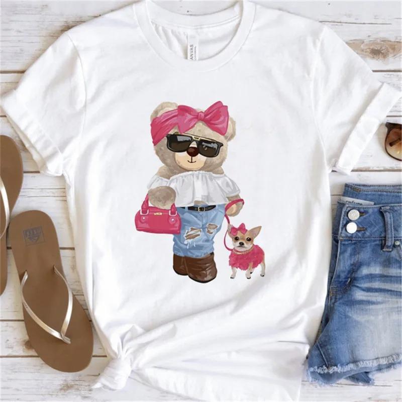 Cute Bear Print Shirts White Fashion Women T-Shirts Harajuku Kawaii Clothes Short Sleeve Summer Tees Casual Female Tops O-Neck