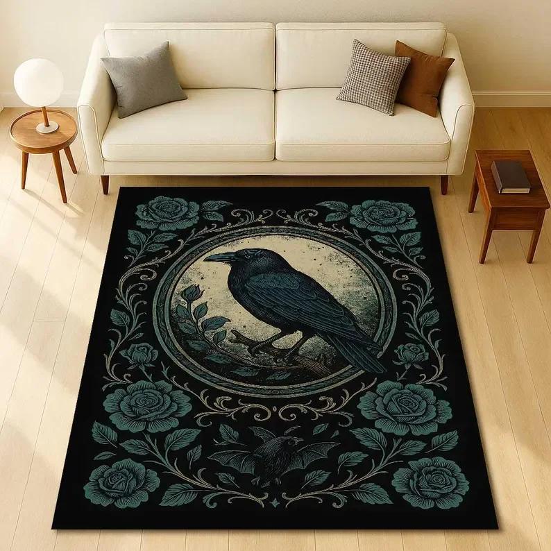 

Raven Skull Gothic Carpet Occult Crow Decor, Dark Academia Rug Mysterious Witchy Home Rug Creepy Goth Room Skull Art Floor Mat 40x60cm