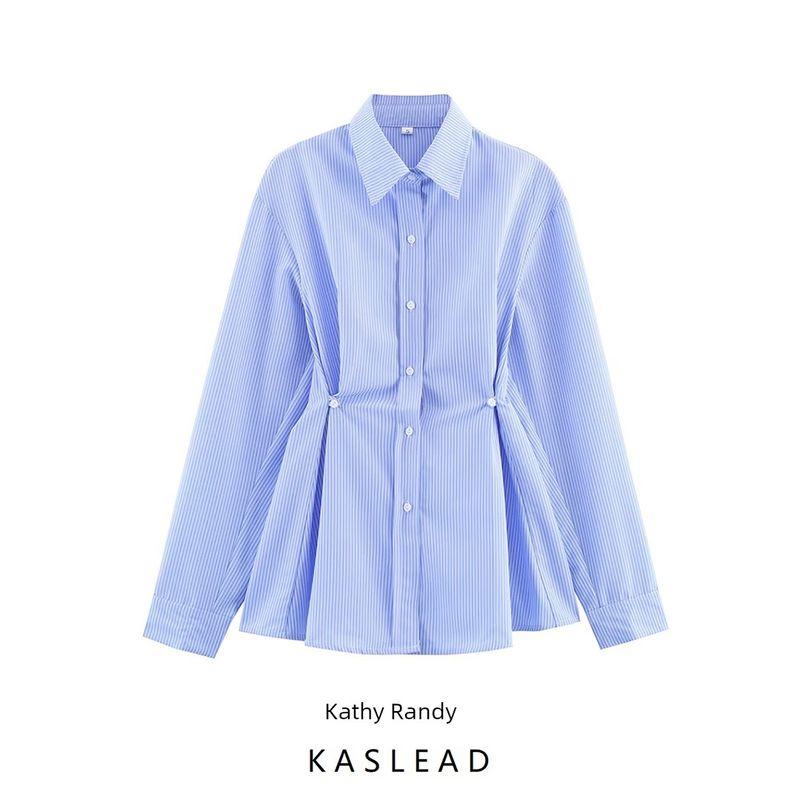 Kaslead New Women Clothes Western Style Elegant All-Match Waist Hugging Stripe Commuter Style Shirts