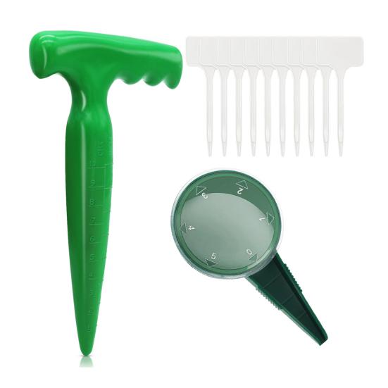 Seeds Sowing Kit Dispenser, Handheld Garden Seeder Sower with 5 Dial Settings, Ergonomic Plastic Dispenser Tool Dibber, Plant Labels, for Small