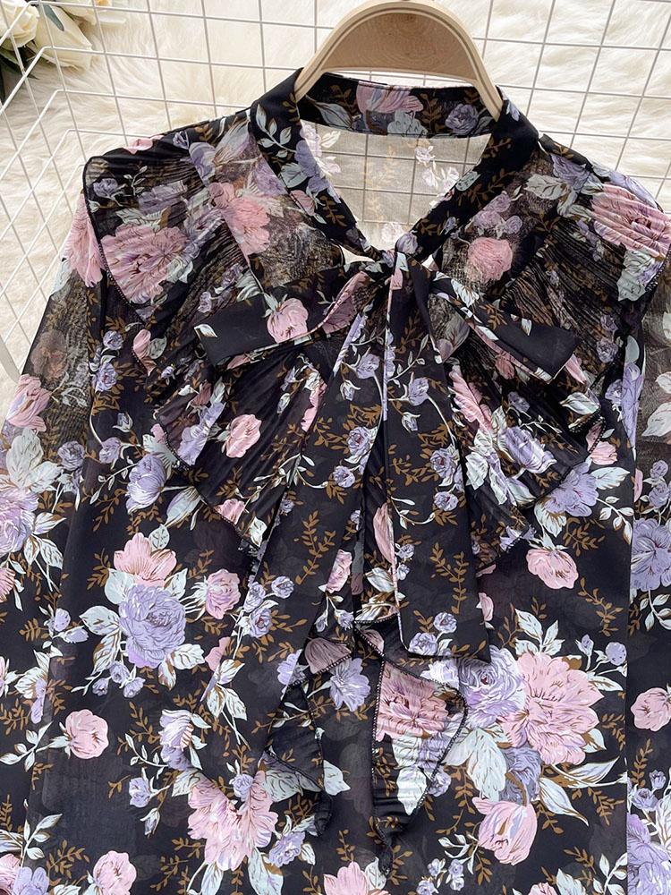 Damen Frühlingsbluse Elegantes Hemd mit Schleifenkragen Patchwork Plissierter Rüschenrand Slim Fit Oberteile Französischer Stil Puffärmel Lässige Bluse