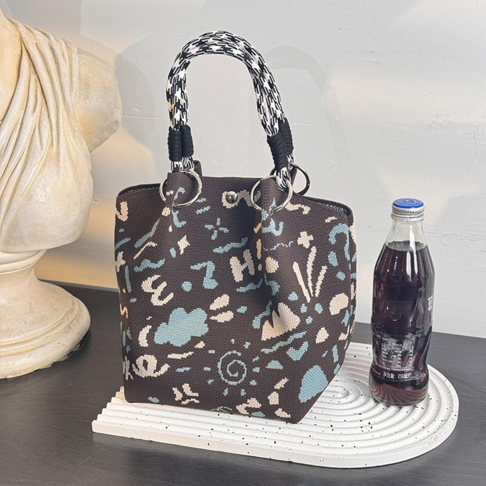 Cute Knitted Bucket Bag Creative Pattern Leisure Wrist Bag Versatile Portable Handbag for Women Girls
