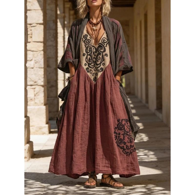 Neues böhmisches V-Ausschnitt bedrucktes langes Kleid lockere Sonnencreme-Bluse Strandurlaub Strandkleid