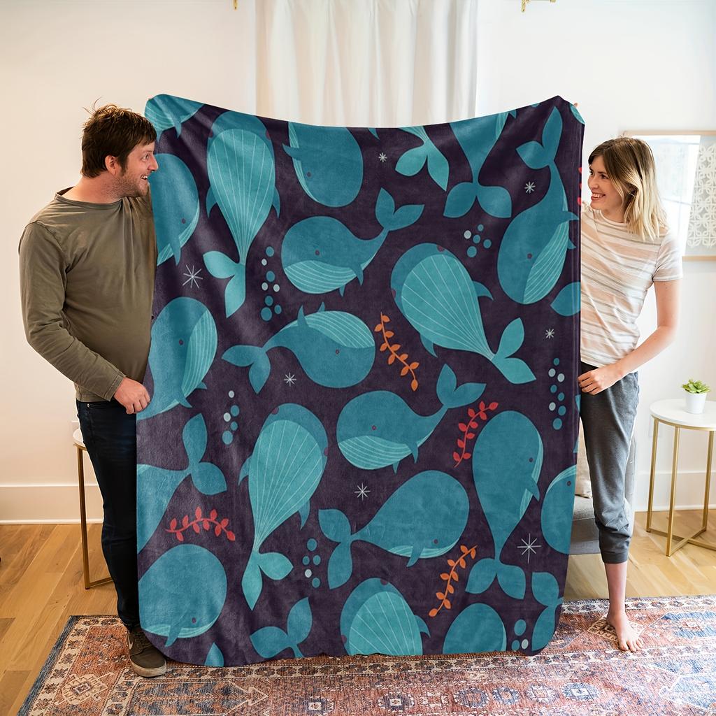 Cozy Ocean-Themed Flannel Blanket with Whales and Fish - Soft, Breathable Polyester, All-Season Use, Perfect Gift for Family and