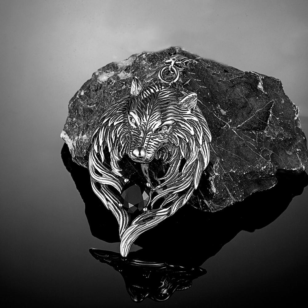 Punk Norse Odins Wolf Necklace Gold Stainless Steel Black Gem Viking Fenrir Pendant Retro Amulet Jewelry for Men