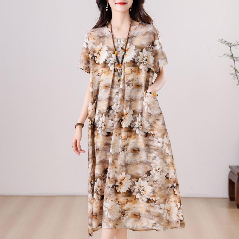 Übergröße, langes Sommerkleid mit Vintage-Druck für Damen, elegantes, kurzärmeliges, lockeres Sommerkleid in Übergröße