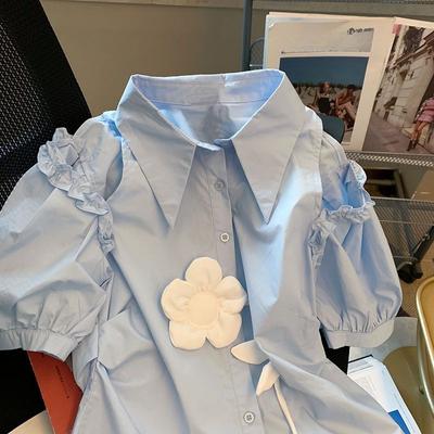 Blue Off Shoulder Women's Shirt, Three-dimensional Flower Single Breasted Short Sleeved Stylish Design Women's Clothing