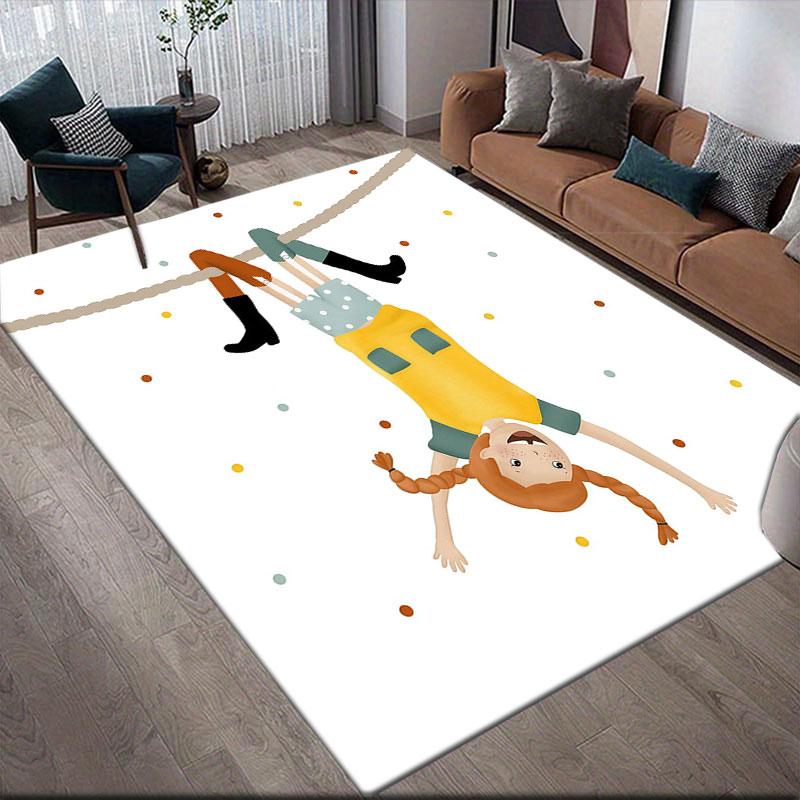 Pippi Cartoon Flannel Printed Carpet, Home Sofa Decoration for Living Room & Bedroom, Non‑Slip Play Flannel Floor Mat for Game Room