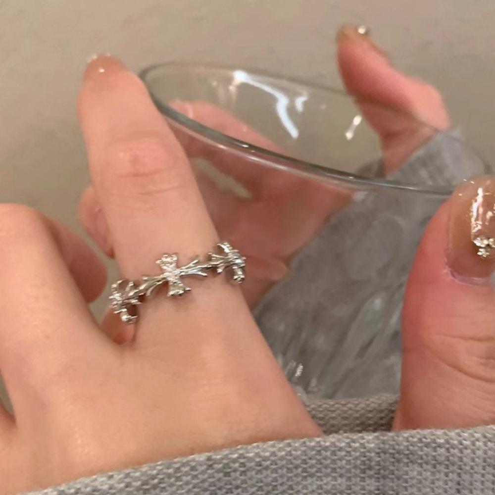 Cold Wind Silver Zircon Cross Ring Niche Design Ins Light Luxury Index Finger Ring Personalized Open Ring