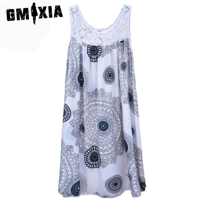 GMXIA Women's Fashion Summer Spring Solid Color Print Sleeveless O-Neck High Waist Casual Dresses