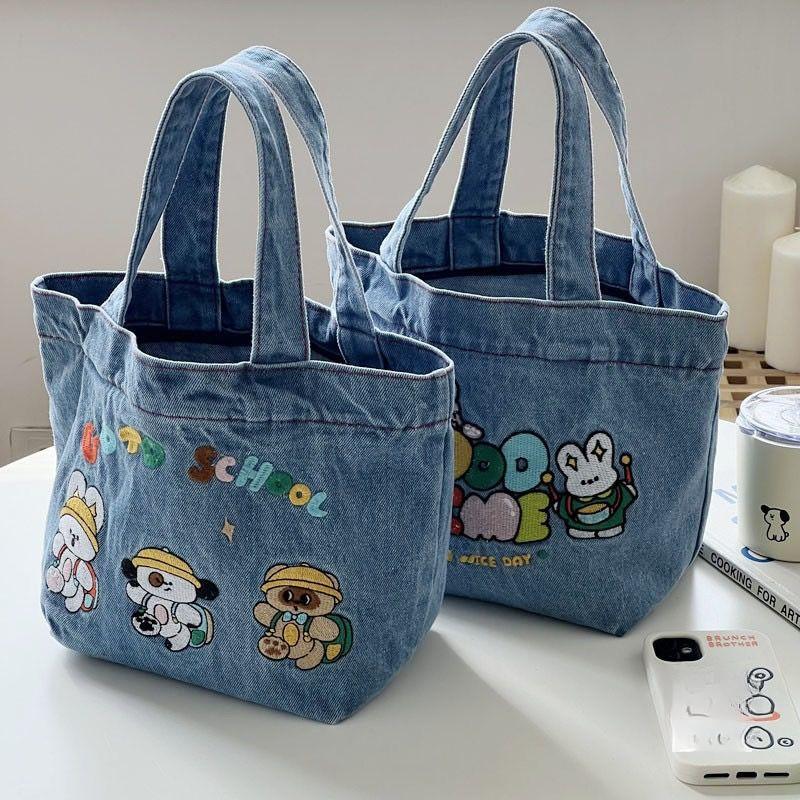 Japanese Cartoon Embroidery Washed Denim Large-capacity Handbag Student Cute Tote Bag Bucket Lunch Box Bag
