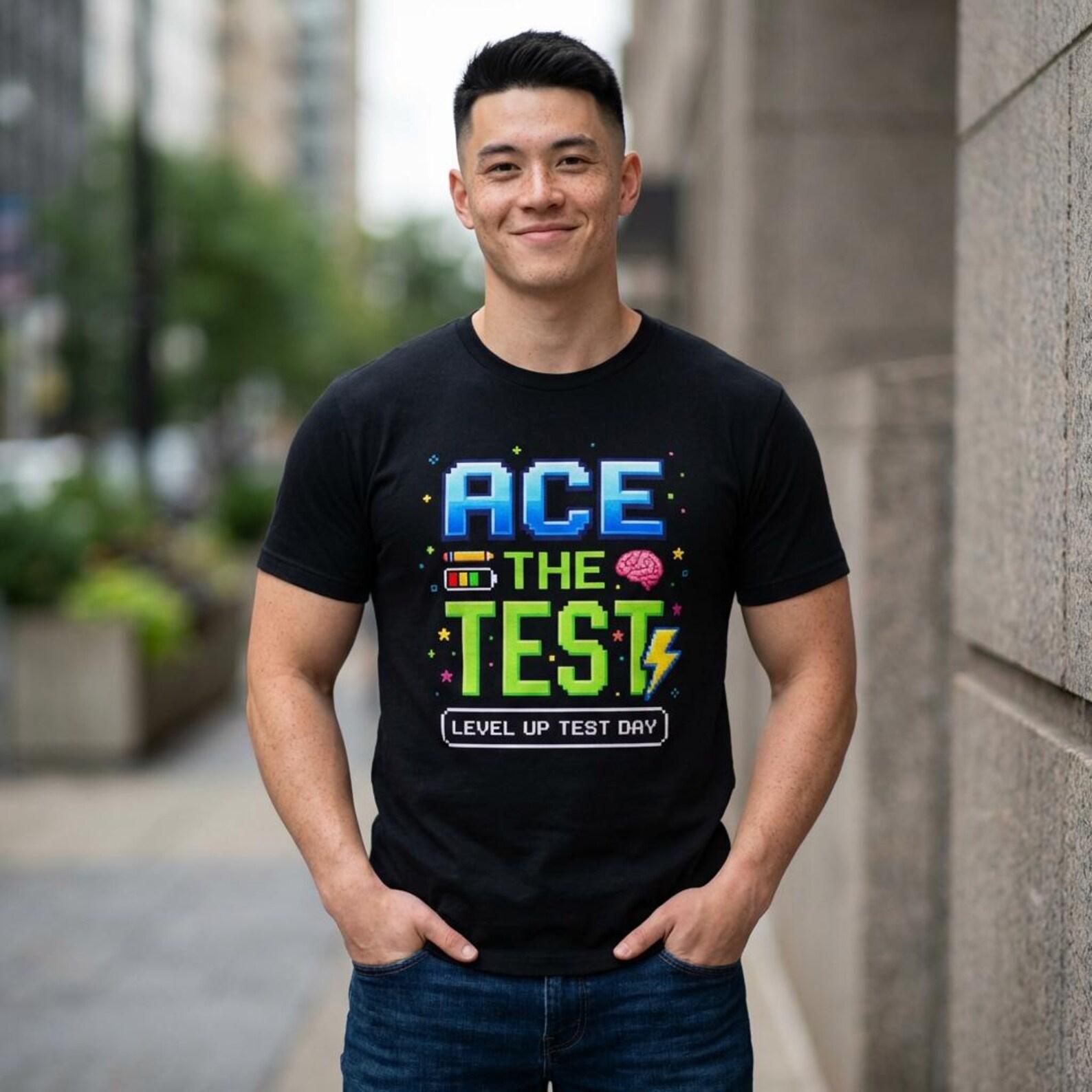 Ace The Test Pixel Gamer Style Level Up T-Shirt; Test Day Motivation Tee; Retro Gamer Student Shirt M