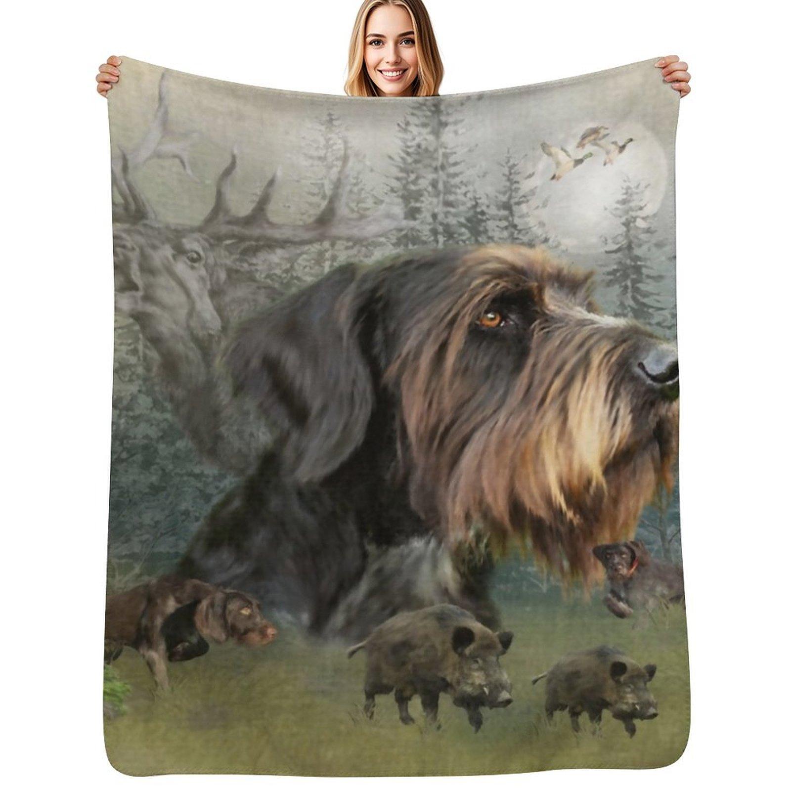 German Wirehaired Pointer, Boar Hunting Throw Blanket Decorative Soft Throw Blanket for Couch Sofa Size: 75*100cm, Weight: 230 GSM