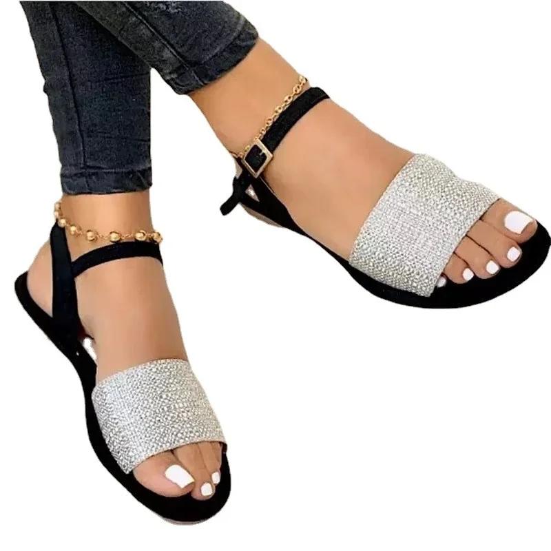 Ladies Shoes 2024 High Quality One-word Buckle Women's Sandals Summer Solid Ankle-wrap Open Toe Low-heeled Beach Sandals Women
