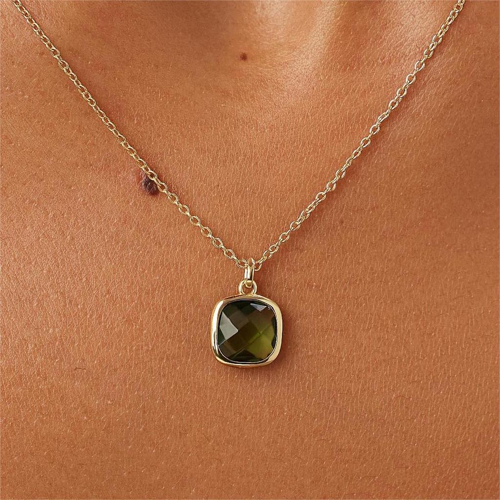 Olive Green Square Pendant Necklace with Clavicle Chain